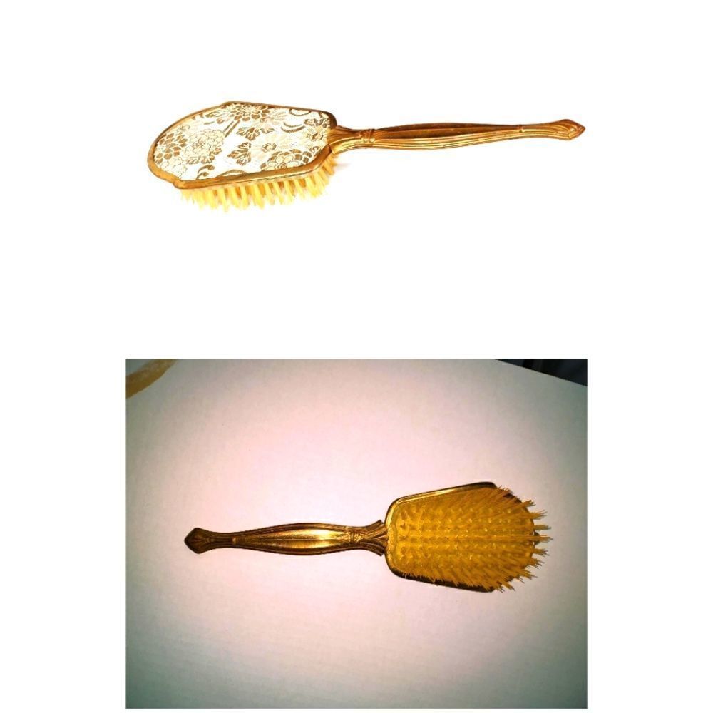 ‎Vintage Brass Gold Hairbrush Floral Fabric Decor Removable Brush Head